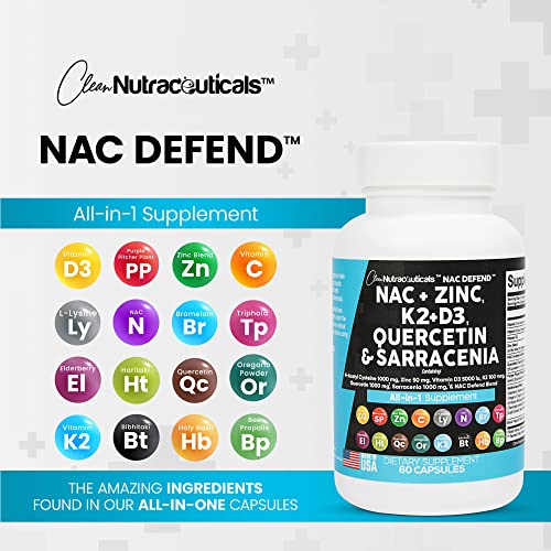 NAC Supplement N-Acetyl Cysteine 1000mg Vitamin D3 K2 Zinc Quercetin Clean Nutraceuticals uk supplements