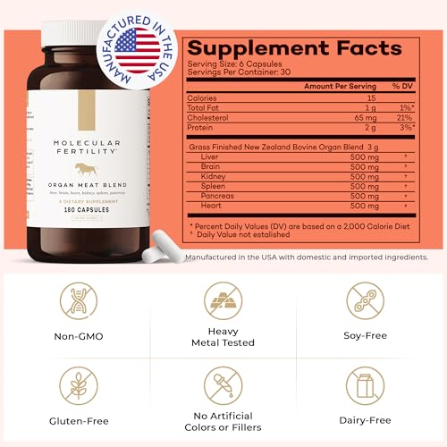 Molecular Fertility Beef Organ Complex - Pasture-Raised, Grass Fed Beef Liver, Brain, Heart, Spleen, Pancreas Blend, Healthy Hormone Balance and Fertility Supplement for Women and Men, 180 Capsules Molecular Fertility uk supplements