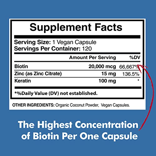 Biotin 20,000mcg with Keratin, Organic Coconut and Zinc, Hair Growth Supplements, Biotin American Standard Supplements uk supplements