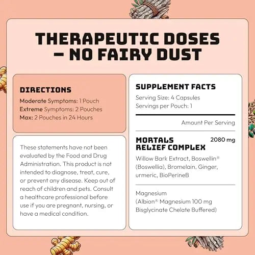 Mortals Pain Purge Daily Comfort Capsules — 7-Ingredient Botanical Blend with Turmeric, Boswellia, Willow Bark & Ginger — Vegan, cGMP, Made in USA (15 Pouches) Mortals uk supplements