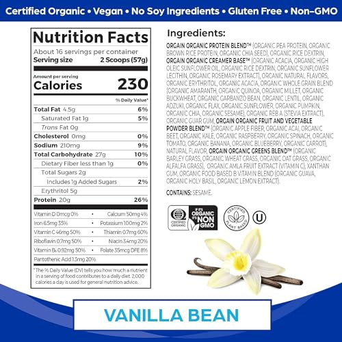 Orgain Organic Vegan Meal Replacement Protein Powder, Vanilla Bean - 20g Plant Based Orgain uk supplements