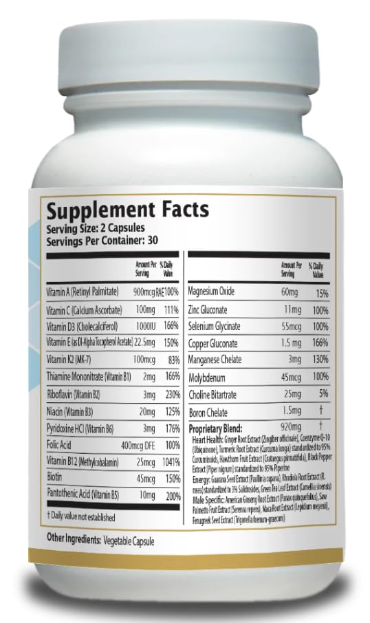 Men’s Multivitamin Supplement – Daily Energy, Immune & Heart Support – with Zinc, Magnesium, B12, CoQ10, Turmeric, Ginseng & More – 60 Vegetable Capsules – AnuMed AnuMed International uk supplements