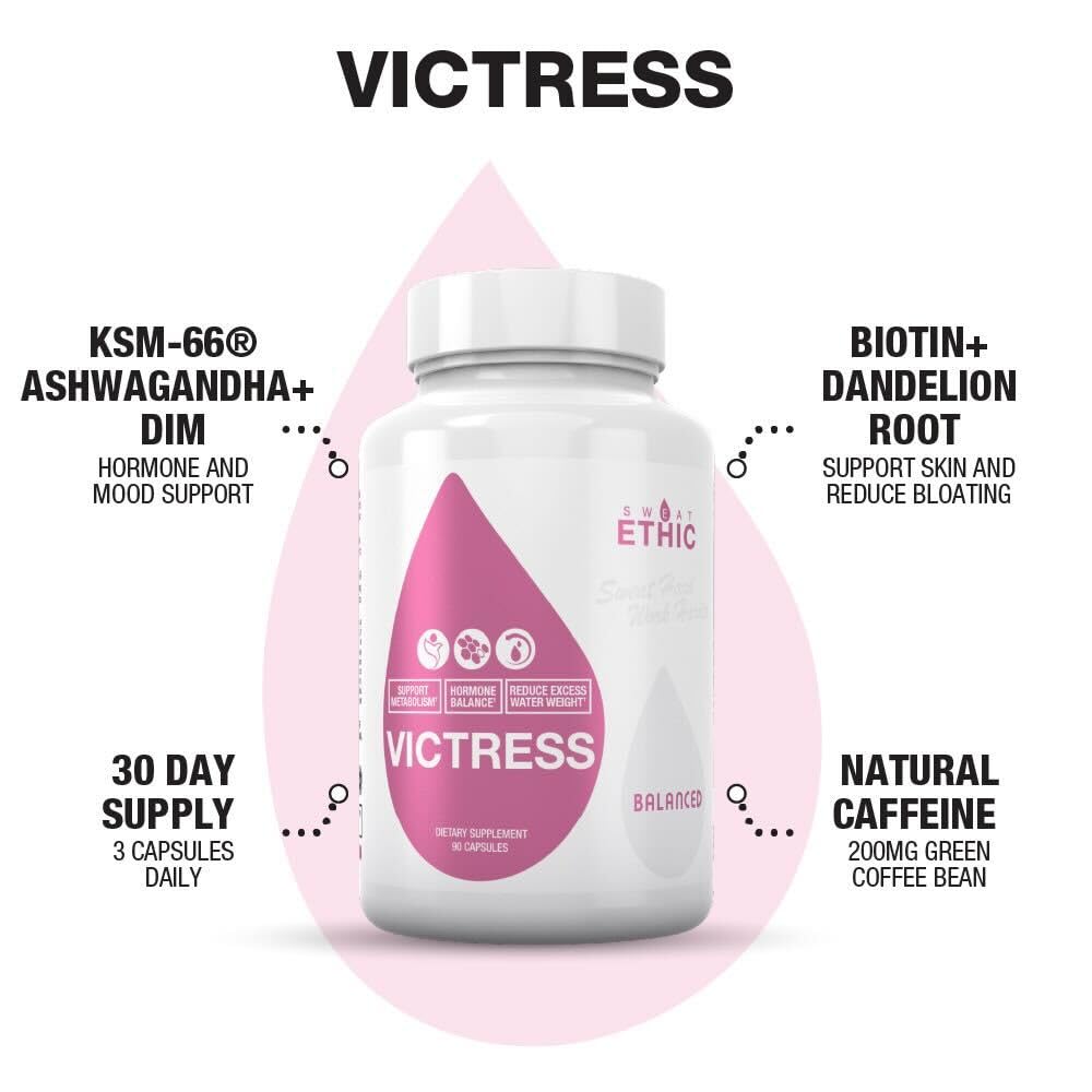 Sweat Ethic Victress, Hormone Balance Support for Women with KSM-66 Ashwagandha, DIM, Biotin, Folic Acid, Dandelion Root, Cayenne Pepper & Vitamin D3, Daily Wellness Formula, 90 Easy to Take Capsules Sweat Ethic uk supplements
