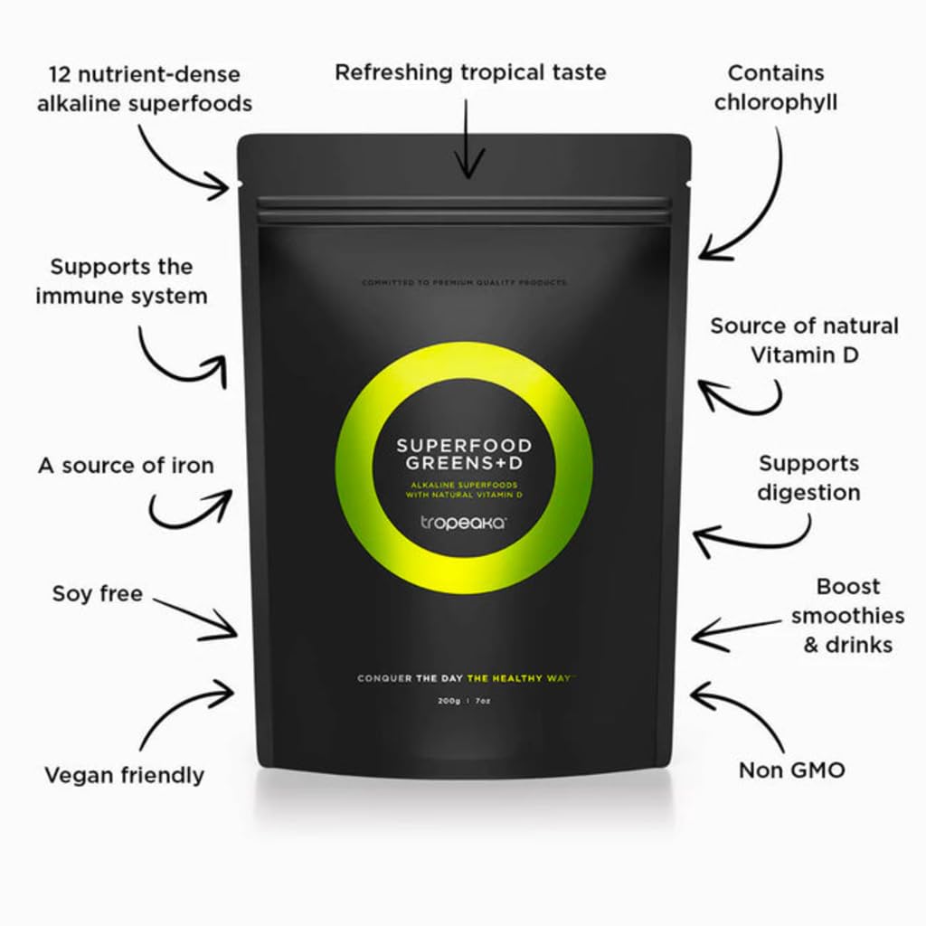 Tropeaka Superfood Greens + D - Antioxidant Green Powder for Energy, Immune System, & Gut Health, Rich in Chlorophyll & Essential Nutrients, Vitamin D, Vegan, Gluten Free, Non-GMO - 7oz (20 Servings) Tropeaka uk supplements