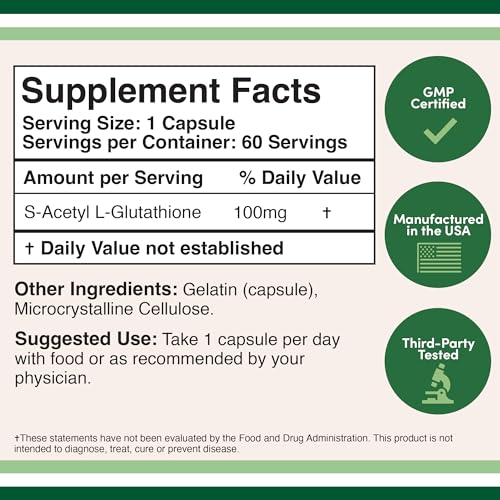 S-Acetyl L-Glutathione Capsules - 100mg, Manufactured and Tested in The USA, 60 Count Double Wood Supplements uk supplements