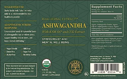 Global Healing Center - Organic Ashwagandha Supplements Drops - KSM-66 Ashwagandha Extra Strength for Men & Women, Helps Promote Relief from Stress, Mood Support, Organic (2 Fl Oz) Global Healing Center uk supplements