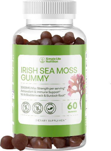 Simple Life Nutrition Organic Irish Sea Moss Gummies - Burdock Root and Bladderwrack Natural Blend - Immune System Gut Cleanse & Thyroid Supplement - Skin and Nail Health - 60CT Simple Life Nutrition uk supplements