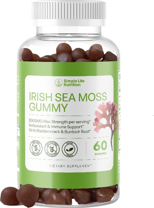 Simple Life Nutrition Organic Irish Sea Moss Gummies - Burdock Root and Bladderwrack Natural Blend - Immune System Gut Cleanse & Thyroid Supplement - Skin and Nail Health - 60CT Simple Life Nutrition uk supplements