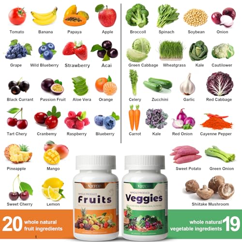 VBTOP Fruit & Vegetable Supplement - Natural Ingredients - 2 Bottles - 180 Capsules Total | A Blend of 20+19 Natural Whole Fruits & Vegetables, a Fresh superfood Formula Rich in Vitamins and Minerals VBTOP uk supplements