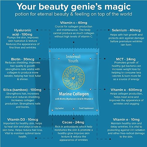 Marine Collagen Powder 10000mg with Hyaluronic Acid Biotin and Vitamin C A D3 E - Collagen Internal Youth uk supplements