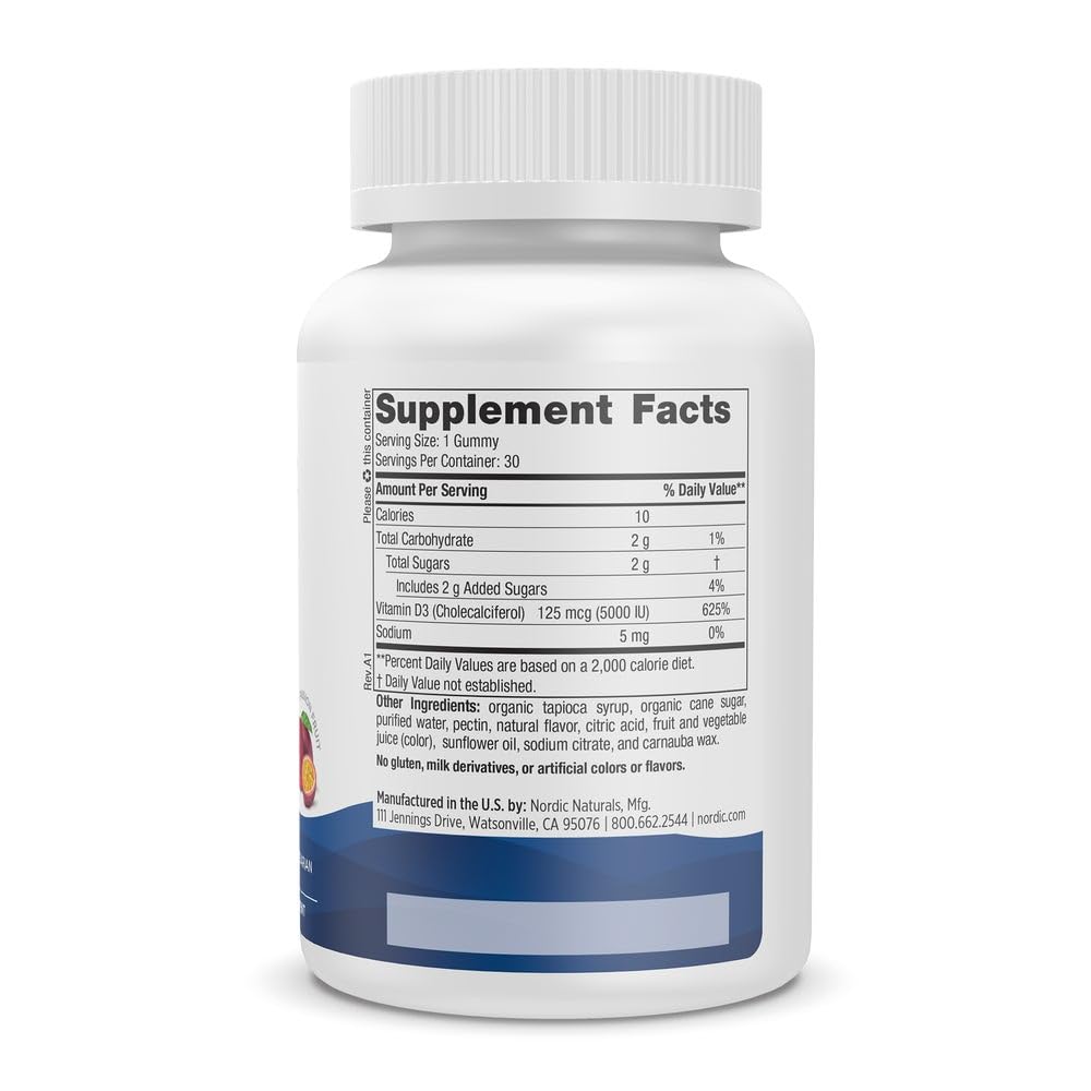 Nordic Naturals Vitamin D3 5000 Gummies, Passion Fruit - 30 Gummies - Support for Healthy Bones, Mood, & Immune System - Vegetarian - Non-GMO - 30 Servings Nordic Naturals uk supplements