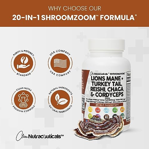 Lions Mane 3000mg 20in1 Mushroom Supplement with Turkey Tail 2000mg Clean Nutraceuticals uk supplements