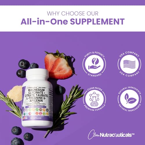 Magnesium Glycinate Complex 1000mg with L-Theanine 200mg Apigenin 50mg Citrate Taurate Supplement - 5-HTP GABA Passion Flower Lemon Balm L-Glycine Phosphatidylserine Ashwagandha - USA Made Clean Nutra Clean Nutraceuticals uk supplements