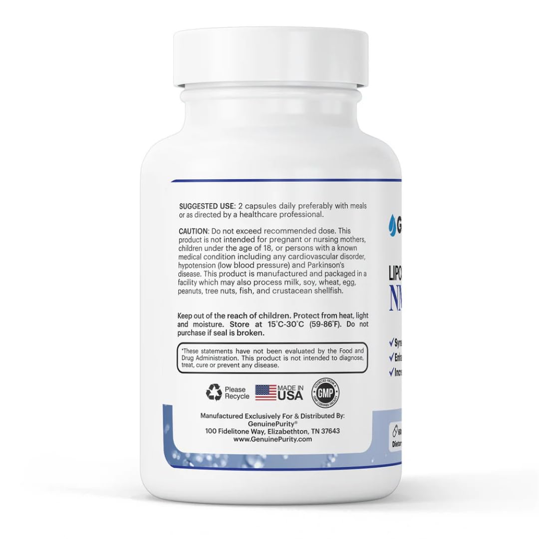 GenuinePurity - Liposomal NMN + NR Supplement - 60 Vegan Capsules to Support Cellular Health, Energy & NAD+ Levels - USA Made, Non-GMO, Gluten Free GenuinePurity uk supplements
