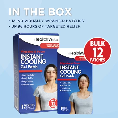 HealthWise Instant Cool Gel Patches | Migraine & Fever Relief | 12-Count | 4.75” x 2” | Soothing Menthol Vapors | Non-Medicated Formula HealthWise uk supplements
