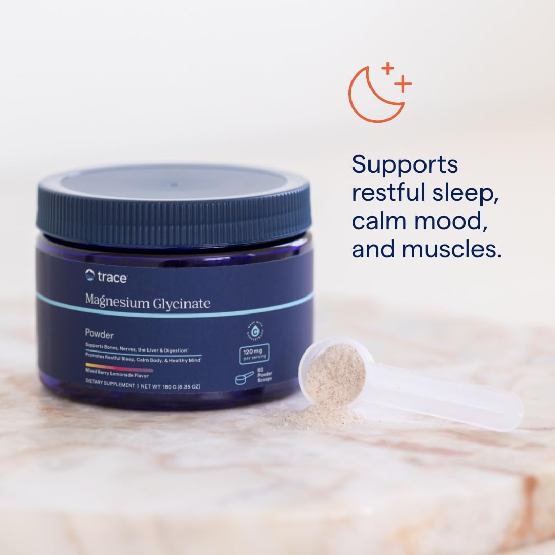 Trace Minerals Magnesium Glycinate Powder - Daily Magnesium Powder for Sleep Support - Calming Bedtime Drink - Natural & Gentle - Mixed Berry Lemonade - 180g (60 Servings) Trace Minerals uk supplements