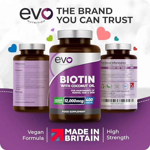 Biotin Hair Growth Supplement 12,000mcg with Coconut Oil | 400 High Strength Tablets EVO NUTRITION uk supplements