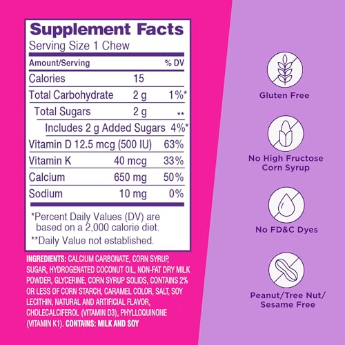 Viactiv Calcium + Vitamin D Supplement Soft Chews for Women & Men - Chewable Calcium for Bone Health Support, 650 mg per Serving, Vitamin D & K for High Absorption - 60 Count, Caramel Viactiv uk supplements