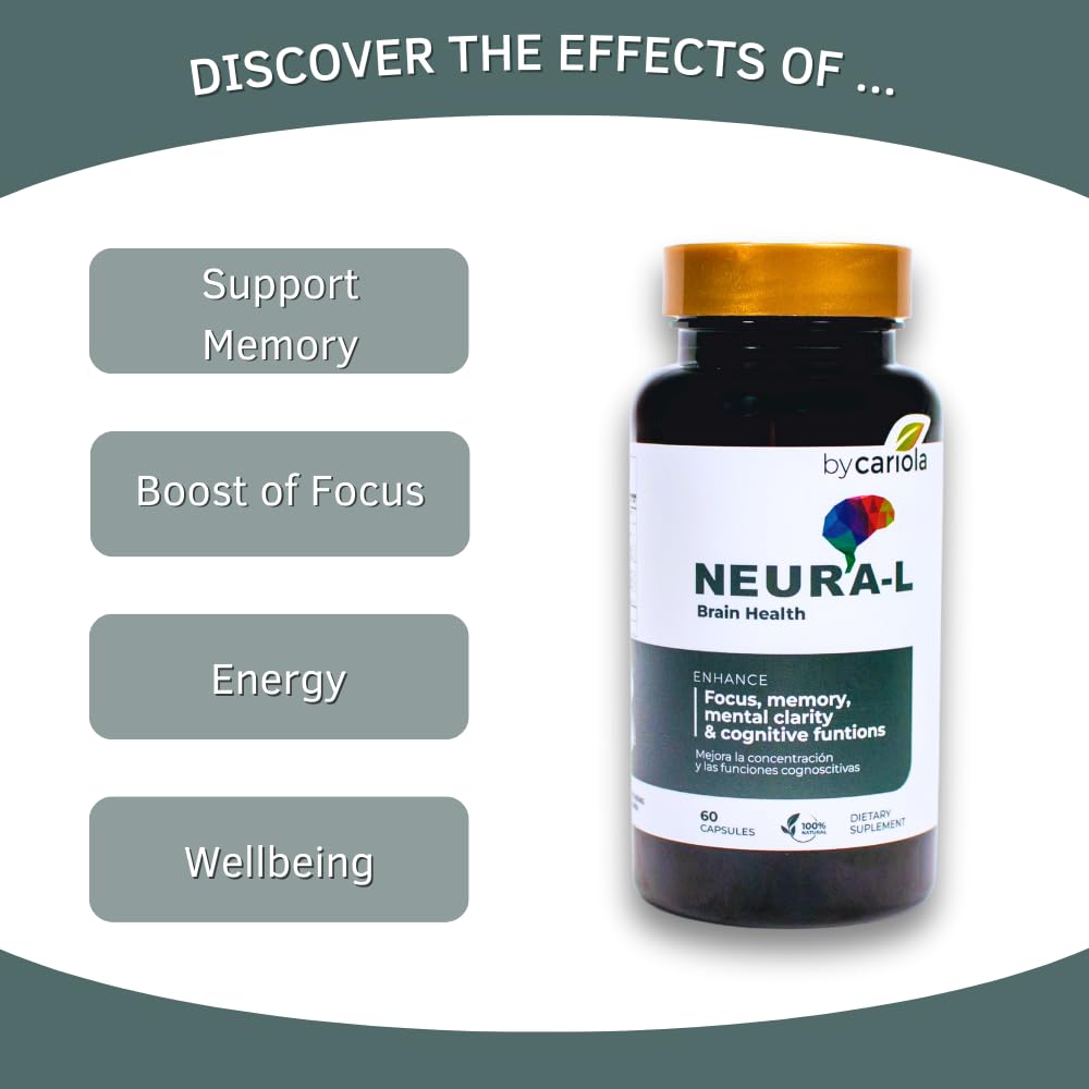 BY CARIOLA Neural-L Natural Brain Support Supplement 60 Caps - Mental Support – Memory Booster - Concentration - Natural Formula - Ashwagandha - L-Tyrosine - L-Theanine BY CARIOLA uk supplements
