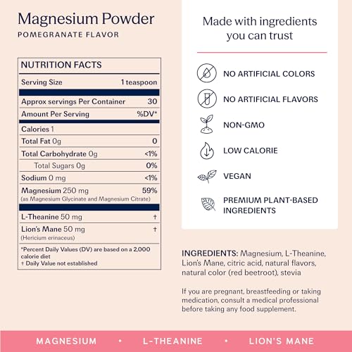 TRIP Magnesium Glycinate Powder with L-Theanine & Lion’s Mane, Sugar Free Magnesium Supplement for Adults, 250mg Magnesium per Drink Mix Serving, Pomegranate Orange Blossom, 1 Bag - 30 Servings TRIP uk supplements