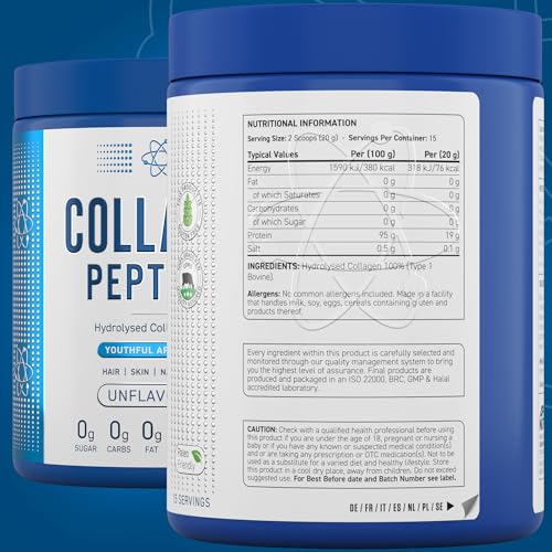 Applied Nutrition Collagen Peptides Powder - Hydrolysed Bovine Collagen Protein, Halal, Healthy Skin, Hair, Nails (Unflavoured) (300g - 15 Servings) Applied Nutrition uk supplements