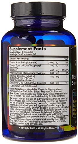 Migraine Relief, Quad-Formula with PA-Free Butterbur (150mg), CoQ10 (300mg), Magnesium Glycinate (300mg), High-Dose Riboflavin (400mg) - MigrA Zero (120 Caps) Optimal Dosing for Migraine Sufferers Iconis Bioceuticals uk supplements