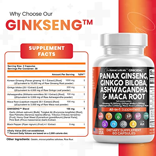 Panax Ginseng 10000mg Ginkgo Biloba 4000mg Ashwagandha Maca Root Clean Nutraceuticals uk supplements