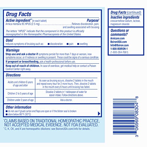 Boiron Arnicare Bruise for Relief of Pain or Swelling from Injuries, and Discoloration of Bruises - 60 Tablets Boiron uk supplements