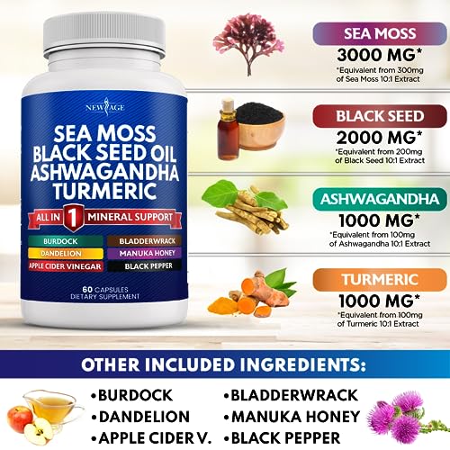 Silica Sea Moss 3000mg Black Seed Oil 2000mg Ashwagandha 1000mg Turmeric 1000mg NEW AGE uk supplements