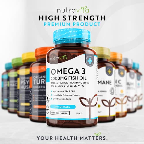 Omega 3 2000mg with 660mg EPA & 440mg DHA per Serving - 240 Softgel Capsules Nutravita uk supplements