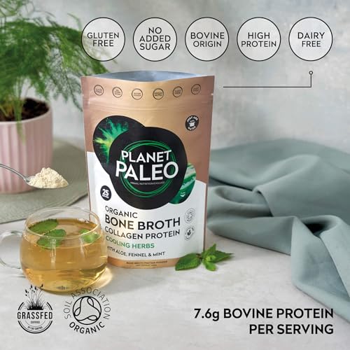 Planet Paleo Organic Bone Broth - Cooling Herbs (450g, 50 Servings) Organic, Grass Fed, High Protein Planet Paleo uk supplements