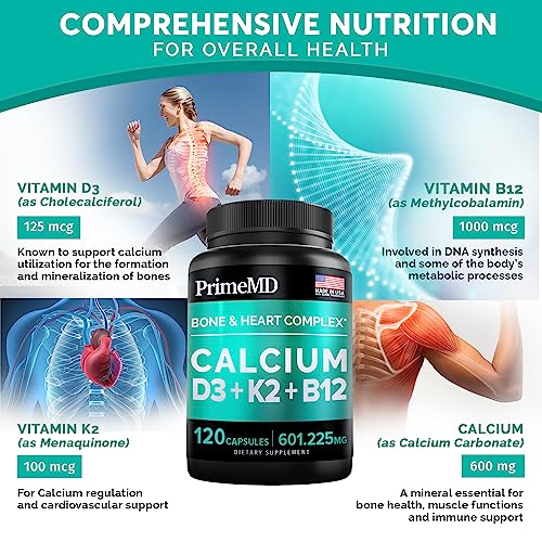 Calcium 600mg, Vitamin D3 K2 B12 Supplement - For Heart, Bone & Immune Support PrimeMD uk supplements