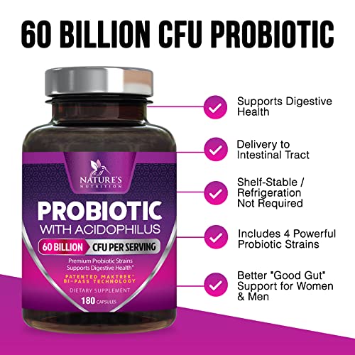 Probiotics, 60 Billion CFU per Serving, Probiotic with Prebiotics for Digestive & Immune Health Nature's Nutrition uk supplements