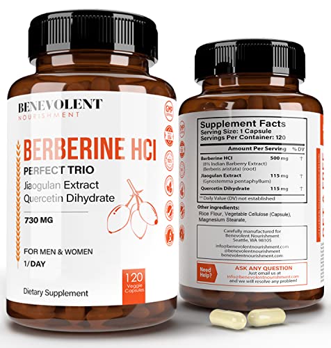 Premium Berberine HCL 730mg - 120 VCAPS Perfect Trio Complex with Non-GMO Jiaogulan Benevolent Nourishment uk supplements