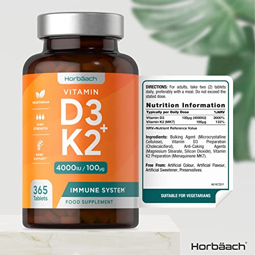 Vitamin D3 K2 High Strength Tablets | 365 Count | Vitamin D3 4000iu and Vitamin K2 MK7 Horbäach uk supplements