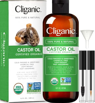 Cliganic USDA Organic Castor Oil, 100% Pure (16oz with Eyelash Kit) - For Eyelashes, Eyebrows, Hair & Skin Cliganic uk supplements