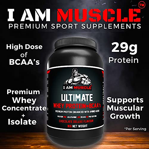 Ultimate Whey Protein + BCAA’s Powder, Premium High Protein Isolate, Enhance Lean Muscle Mass and Recovery, 1kg I AM MUSCLE uk supplements