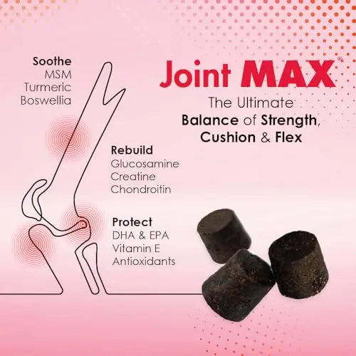 Joint Max TS Joint Supplement Vet Formulated Pain & Inflammation Relief Treats Hip Dysplasia & Arthritis, Glucosamine, Chondroitin, Turmeric, MSM, HA, Creatine, Omega 3 EPA + DHA.120 Soft Chews Joint Max uk supplements