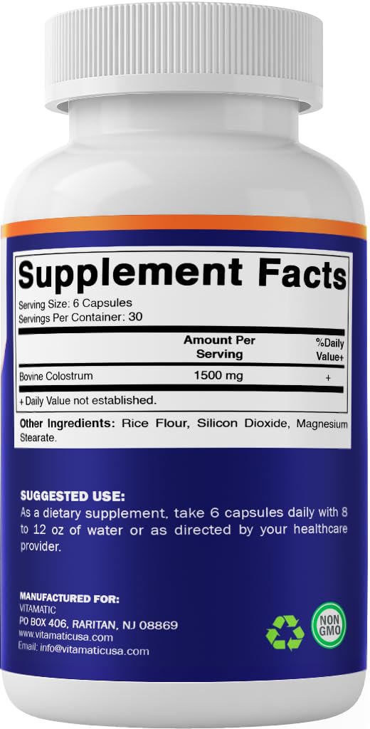 Vitamatic Bovine Colostrum 30% IgG Supplement 1500 mg per Serving - Supplement for Gut Health, Hair Growth, Beauty, Muscle Recovery, & Immune Support - 180 Veg Capsules Vitamatic uk supplements