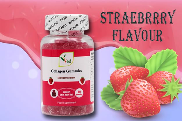 Ved Collagen Gummies; Chew Gummies Strawberry Flavour, Raw Unfiltered Collagen Gummies Ved uk supplements