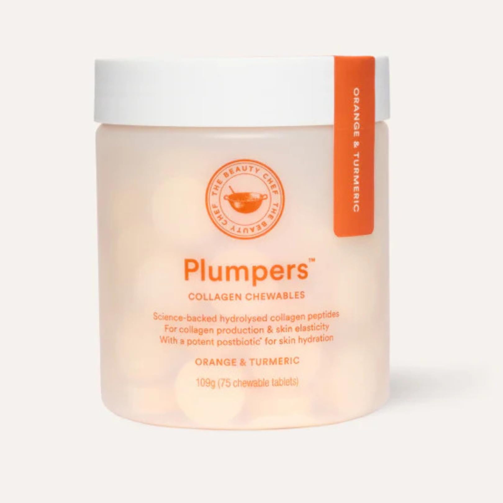 The Beauty Chef Plumpers™ Collagen Chewable Tablets with Hyaluronic Acid & Postbiotic, Supports Skin Elasticity & Collagen, Women's Multivitamin, Collagen Peptides, 75 Tablets (Orange & Turmeric) The Beauty Chef uk supplements