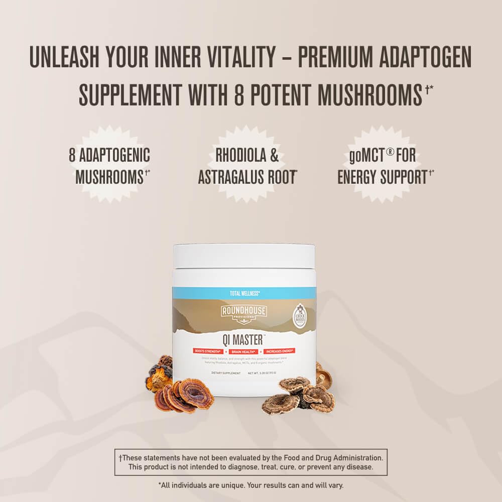 ROUNDHOUSE PROVISION Qi Master Adaptogen Blend, Earthy Mushroom Flavor with Astragalus Root, Rhodiolife Extract, MCT, 8 Organic Mushrooms (30 Scoops) by Chuck Norris ROUNDHOUSE PROVISION uk supplements