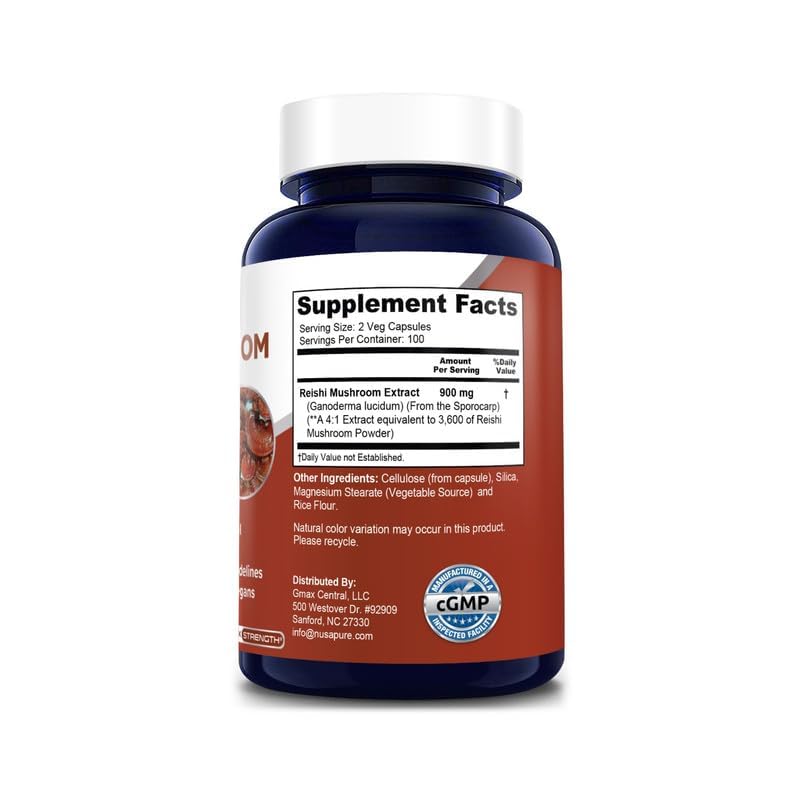 NusaPure Reishi Mushroom 4:1 Extract, 900 mg Equivalent to 3,600mg per Capsule 200 Veggie Caps Vegan, Non-GMO, Gluten-Free NusaPure uk supplements