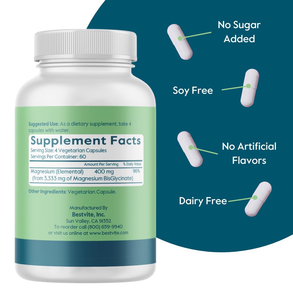 BESTVITE Filler-Free Magnesium Glycinate - 400mg of Magnesium per Serving (240 Veg Caps)- Chelated Bisglycinate for Muscle, Relaxation, Stress & Sleep Support* - For Men & Women - No Stearates - Vegan BESTVITE uk supplements