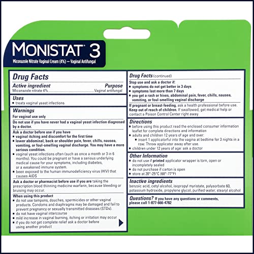 Monistat 3 Day Yeast Infection Treatment for Women, 3 Miconazole Pre-Filled Cream Applicators, 1 Pack Monistat uk supplements