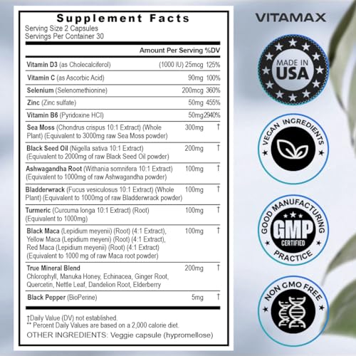 Sea Moss 3000mg Maca 1000mg Black Seed Oil 2000mg Ashwagandha 1000mg Bladderw Vitamax uk supplements