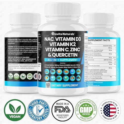 NAC Supplement N-Acetyl Cysteine 1000mg Vitamin C Vitamin D3 K2, Zinc, Turmeric Curcumin Winvita Naturals uk supplements