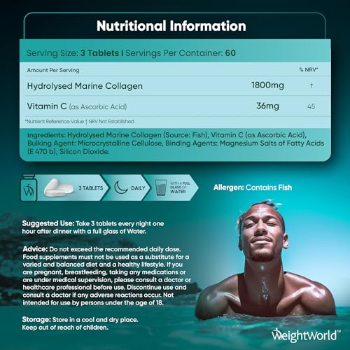 Hydrolysed Marine Collagen Tablets 1800mg - Collagen Supplements for Skin, Hair, and Slumber- for Men & Women WeightWorld uk supplements