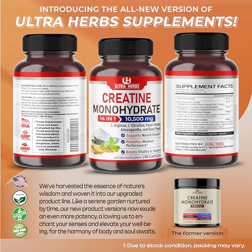 Ultra Creatine Pills Muscle Growth 9800mg Creatine Monohydrate Capsules w Ginseng ULTRA HERBS uk supplements