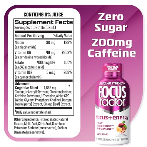 Focus Factor Focus + Energy Shots - 12 x 2oz Bottles (Tropical Punch Flavor) - Powered by Nootropics with Caffeine, L-Theanine, Ginkgo, Bacopa, L-Tyrosine, Alpha GPC Focus Factor uk supplements
